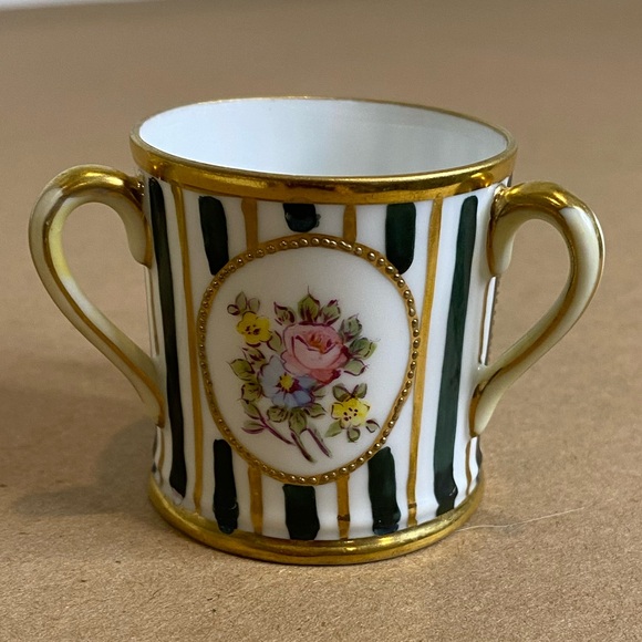 Vtg  Hand Painted Nippon Tri Handled Green and White Striped Toothpick Holder - Picture 4 of 6